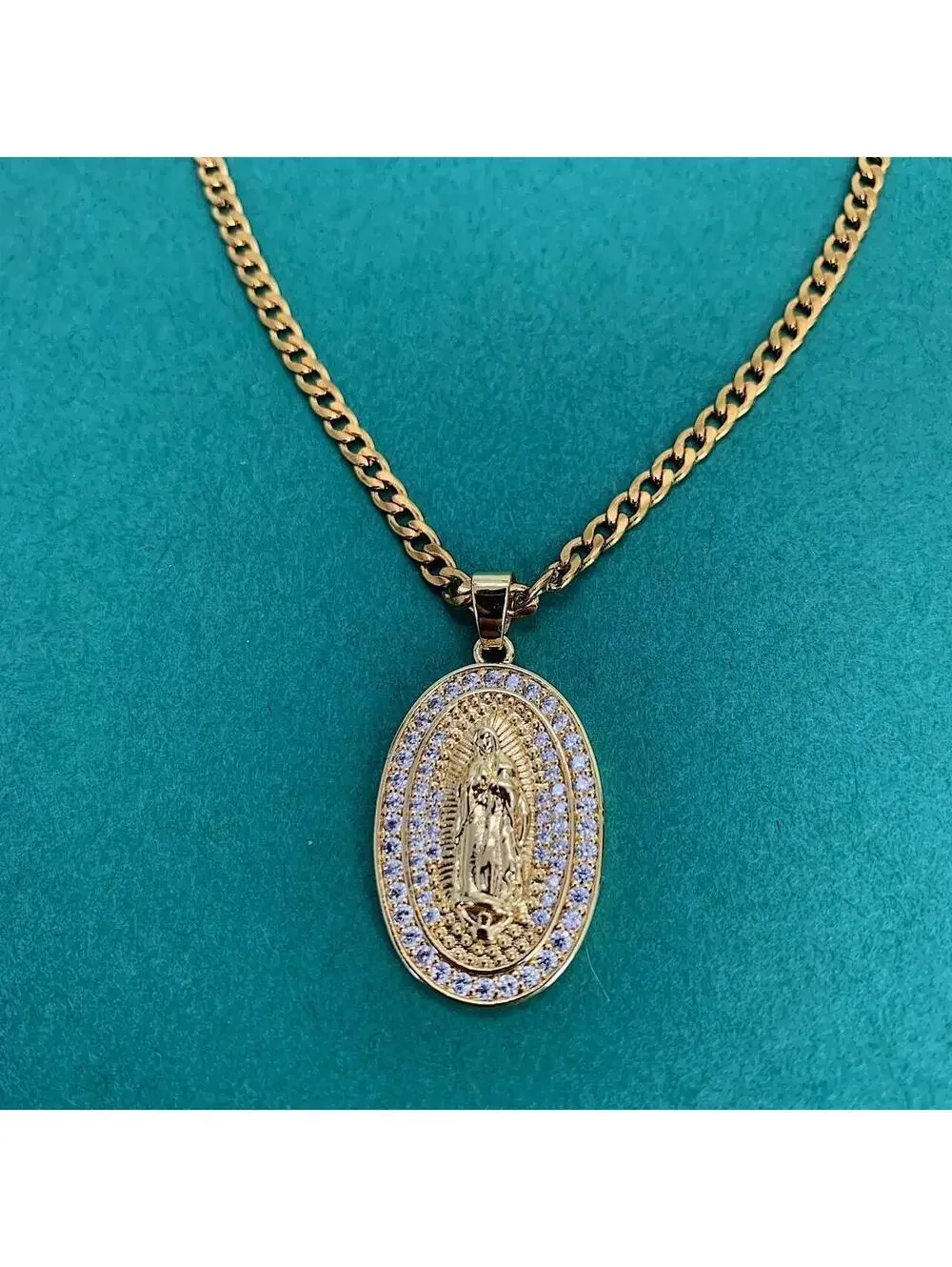 Saint Marry Rhinestone Pendant Y2K 90s Style Gold Necklace Chain Unisex